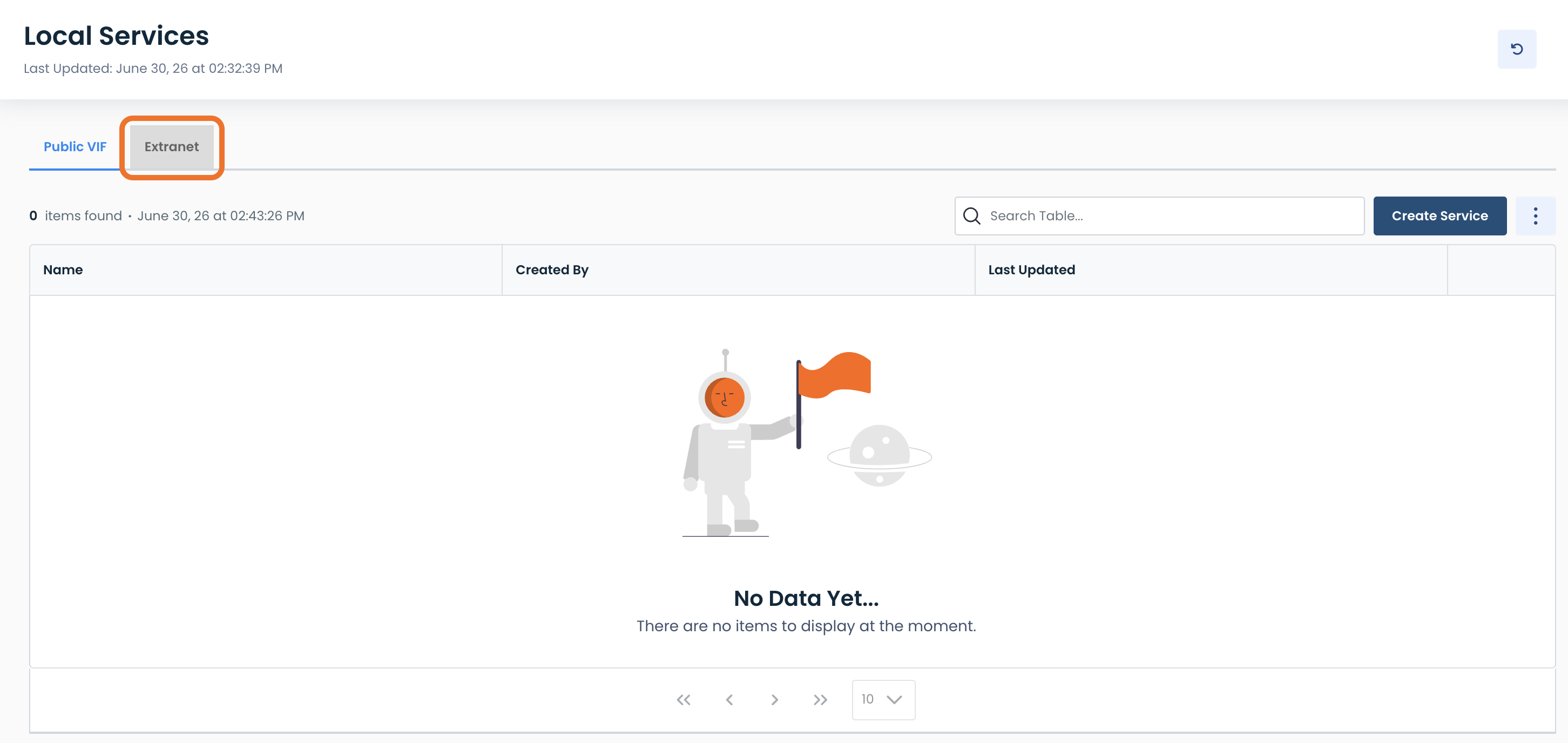 Local Services page showing no data available with highlighted Extranet button.